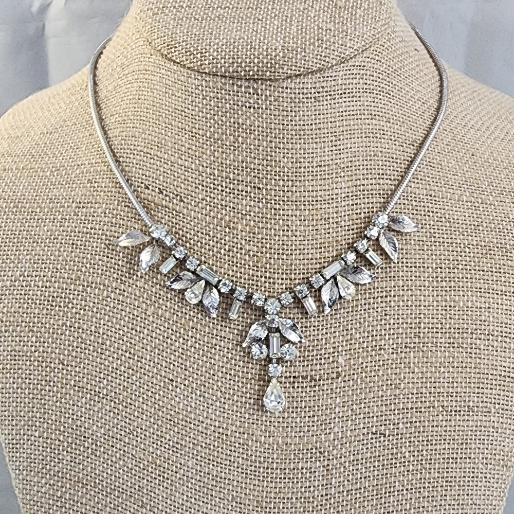 Vtg Leo Glass Sterling Rhinestone Choker Necklace 15 3/4 Inch